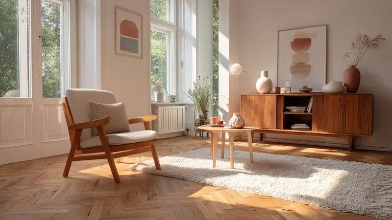 Kategorie Haushalt & Pflege. Helles Wohnzimmer mit Holzparkett, Teppich und Holzmöbeln in natürlicher, gepflegter Wohnatmosphäre.