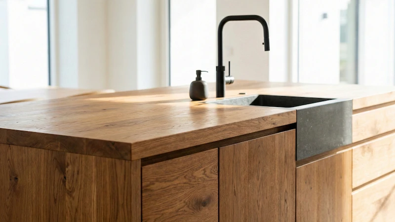 Kategorie Möbel & Arbeitsplatten – moderne Kücheninsel aus massivem Holz mit geölter Arbeitsplatte, schwarzer Armatur und eingelassenem Spülbecken.