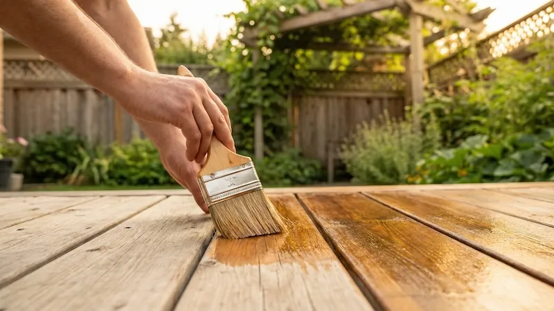 Kategorie Öle. Auf eine Holzterrasse wird Holzöl von Biofa mit einem Pinsel aufgetragen. Das Öl hebt die Maserung des Holzes hevor. Im Hintergrund befindet sich ein Garten.