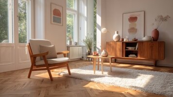 Kategorie Haushalt und Pflege - Helles Wohnzimmer mit Holzsessel und niedrigen Holztisch auf einem weichen Teppich. Dahinter ein Sideboard mit Dekorationsgegenständen und eine große Zimmerpflanze.