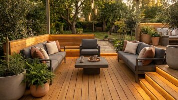 Kategorie Terrassen und Gartenmöbel - Gepflegte Holzterrasse mit Lounge-Möbeln, veredelt mit BIOFA Holzpflege-Produkten für den Außenbereich.
