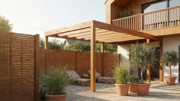Kategorie Lasuren - Modernes Haus mit lasierter Holzpergola, Sichtschutzzaun und Holzfassade im Garten – wetterbeständige Holzlasuren für Schutz und Gestaltung von Holzoberflächen.