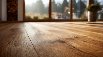 Kategorie Böden und Beläge - Holzfußboden mit natürlicher Maserung in einem Raum mit großen Fenstern. Sonnenlicht fällt auf den Boden, im Hintergrund sind ein Kamin mit Holzscheiten und ein Teppich zu sehen. Draußen erkennt man eine Terrasse und Pflanzen.