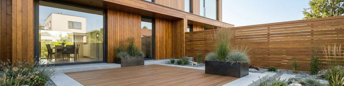 Schöner Außenbereich eines Holzhauses mit Holz Terasse. Um die Terasse herum sind viele Blumentöpfe und andere Pflanzen.