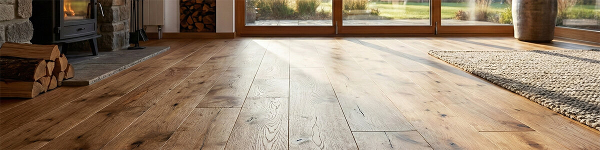 Heller Holzfußboden mit natürlicher Maserung in einem Raum mit großen Fenstern. Sonnenlicht fällt auf den Boden, im Hintergrund sind ein Kamin mit Holzscheiten und ein Teppich zu sehen. Draußen erkennt man eine Terrasse und Pflanzen.
