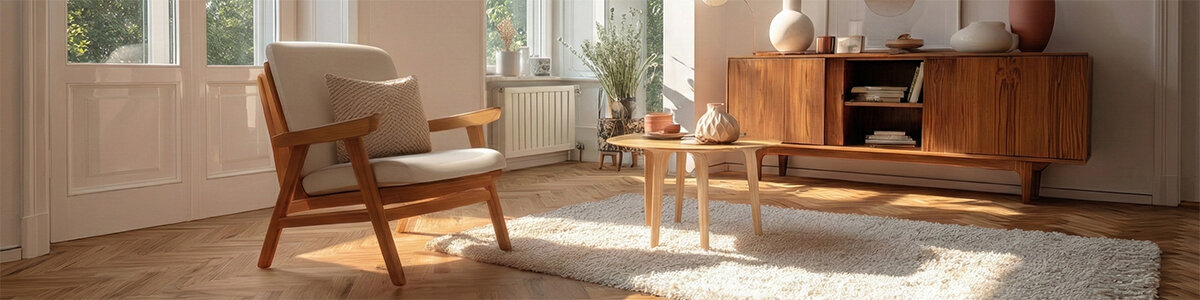 Helles Wohnzimmer mit einem Holzsessel und einem niedrigen Holztisch auf einem flauschigen Teppich. Im Hintergrund steht ein Sideboard mit Dekorationsgegenständen und eine große Zimmerpflanze. Sonnenlicht fällt durch die Fenster auf den Parkettboden.