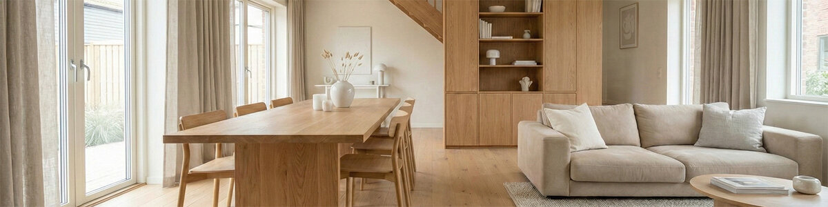 Helles Wohnzimmer mit Essbereich. Ein großer massiver Holztisch mit Holzstühlen steht mittig im Raum. Rechts ist eine graue Couch zu sehen. Im Hintergrund befindet sich ein Holzschrank mit Deko Gegenständen. 