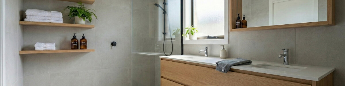 Ein modernes, sauberes Bad mit Holzmöbeln und Holzregalen. Das Badezimmer besitzt Holzdeko und durch das Fenster tritt viel Tageslicht.