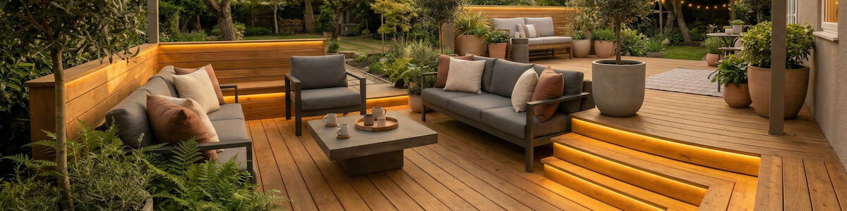 Schöne Sitzlounge aus hellem Parkettboden mit grauen Gartenmöbeln.