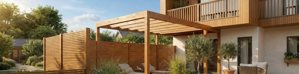 Moderner Garten mit lasierter Holzpergola, Sichtschutzzaun und Holzfassade – Anwendung einer BIOFA Holzlasur für wetterbeständigen Schutz und natürliche Optik von Holz im Außenbereich.