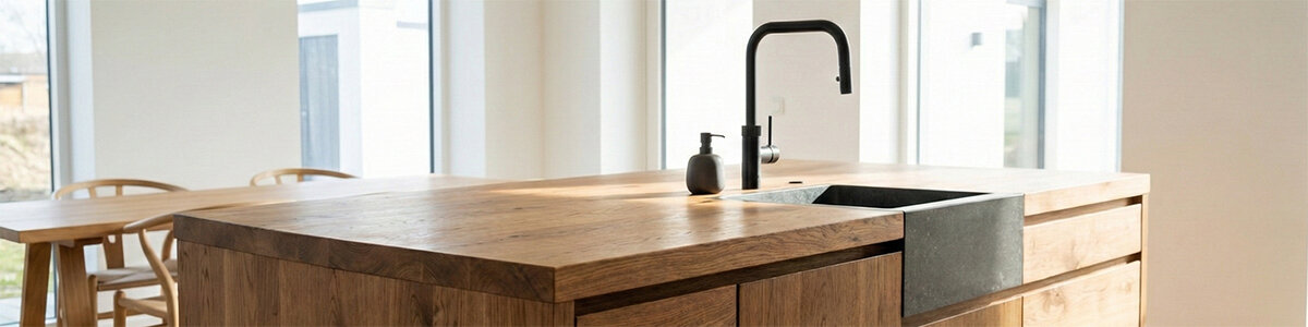 Eine Küchenarbeitsplatte aus hellem Holz mit natürlicher Maserung steht im Vordergrund. Die Oberfläche ist glatt und wirkt hochwertig verarbeitet. Ein schwarzer Wasserhahn und ein passender Seifenspender sind neben einem rechteckigen, dunklen Spülbecken angebracht. Im Hintergrund sind große Fenster mit viel Tageslicht zu sehen.